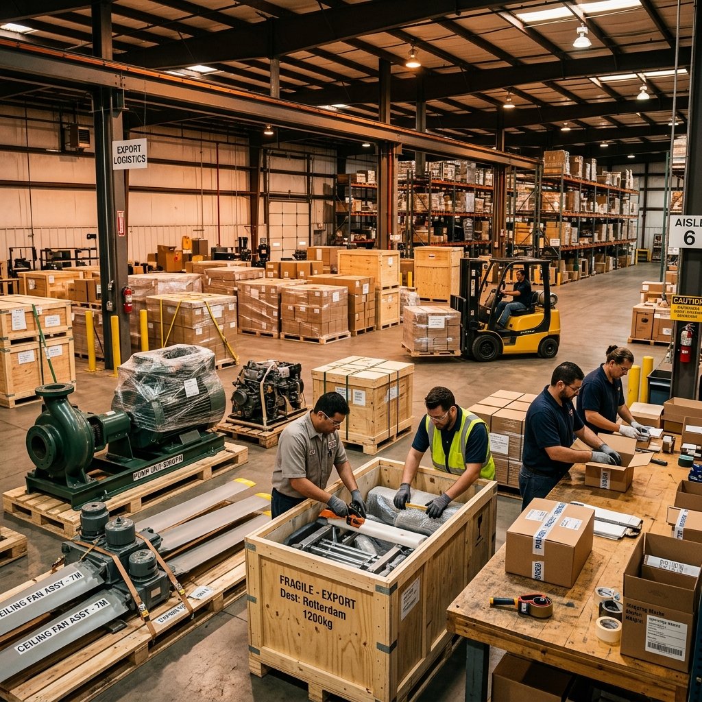 Amber Import and Export warehouse with export goods being packed for international shipping